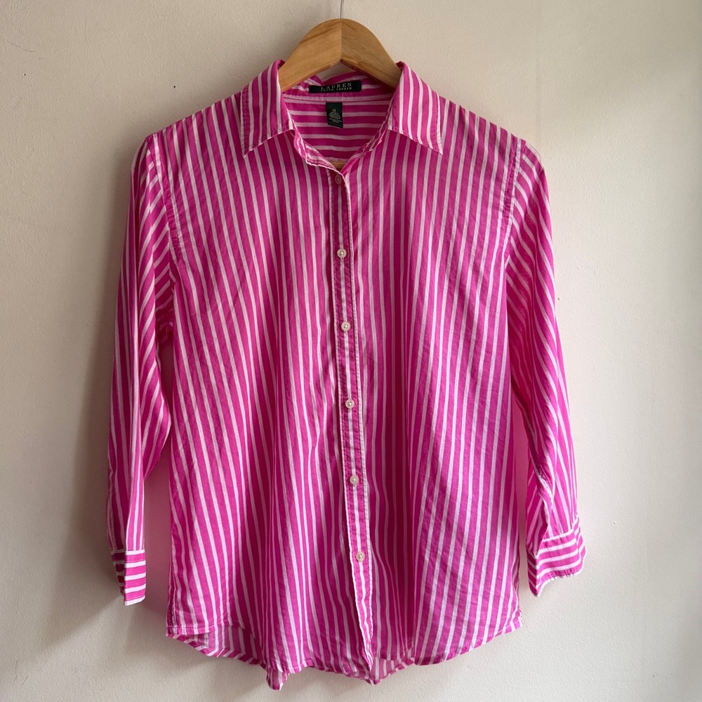 Lauren Ralph Lauren Striped Button Down Shirt Pink White Medium Excellent